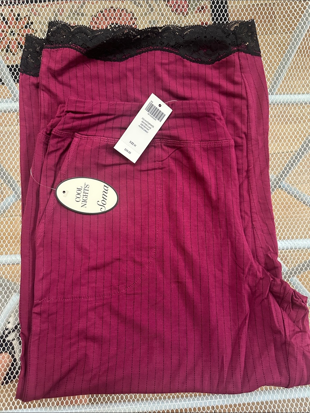 Soma Magenta Pinstripe Pajama Pants with Black Lace Trim